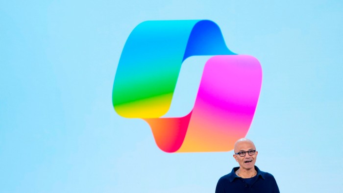 Microsoft chief executive Satya Nadella speaks during a showcase event of the company’s AI assistant Copilot
