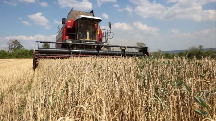 A combine harvests wheat near Kramatorsk, in Donetsk region