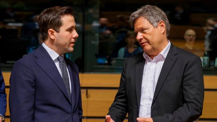 Sweden’s trade minister Benjamin Dousa, left, talks to his German counterpart Robert Habeck