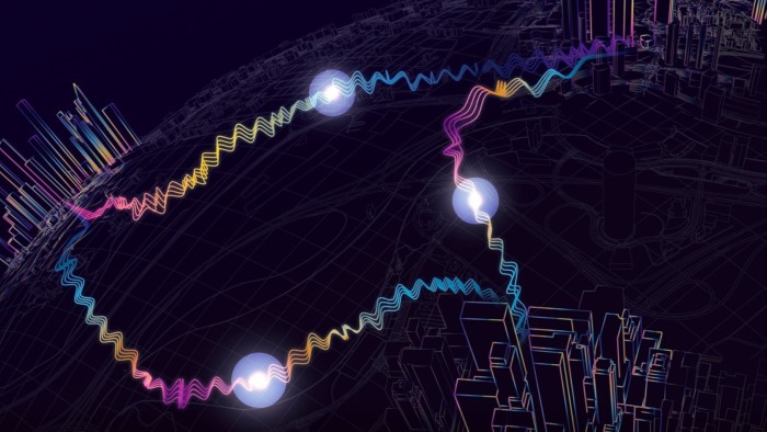 A digital illustration depicting coherent quantum communications across a national telecom infrastructure