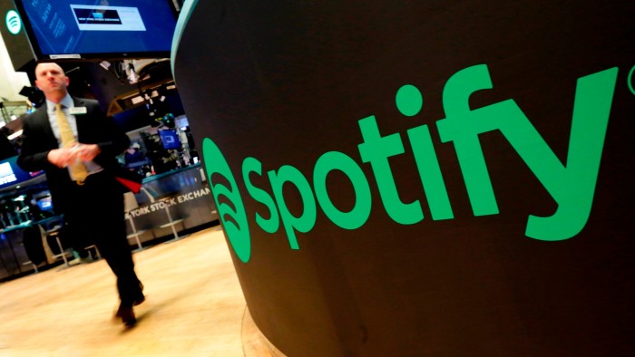 The Spotify logo on the floor of the New York Stock Exchange