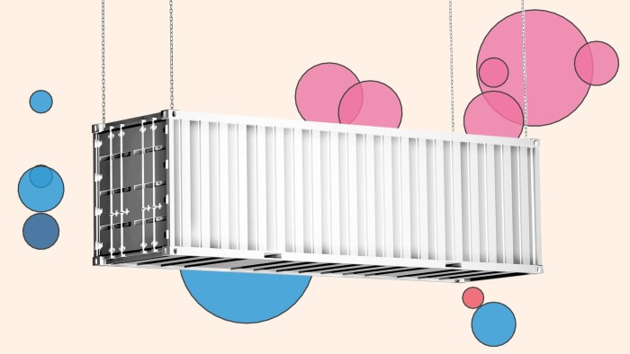 A composite image of a shippng container over a scatter chart