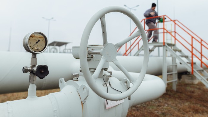 A gauge showing no pressure at a gas facility in Slovakia