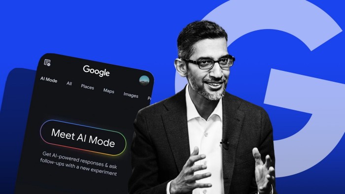 Google AI mode on phone, Sundar Pichai and Google logo