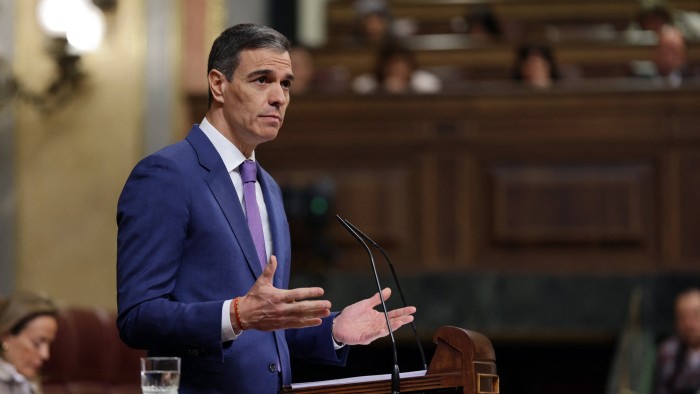 Spain’s Prime Minister Pedro Sánchez delivers a speech in Madrid on Wednesday