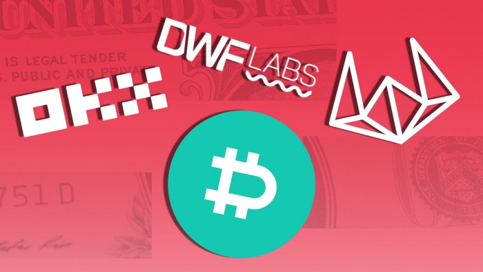 Logos of OKX, DWF Labs, Wintermute and Deribit with US dollar detail