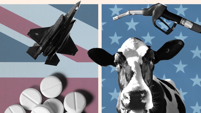 Montage shows an F-35 jet, some pills, a cow and a fuel pump against the US and UK flags