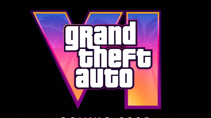 The logo for "Grand Theft Auto VI" with the title in bold white text against a backdrop of a stylized, colorful Roman numeral "VI" featuring palm tree silhouettes.