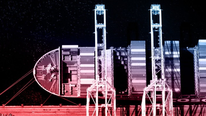 A montage of cranes offloading containers from a docked ship