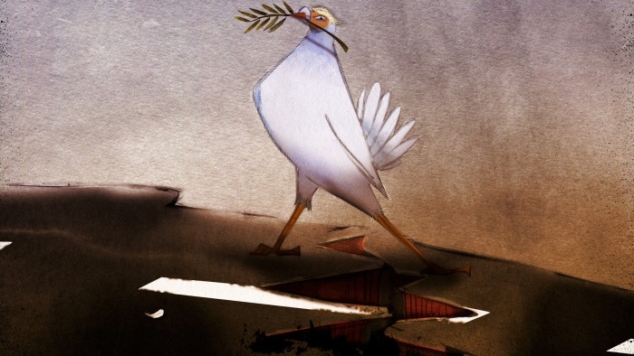 Illustration of a dove with an orange face and Trump hair holding an olive branch in its beak