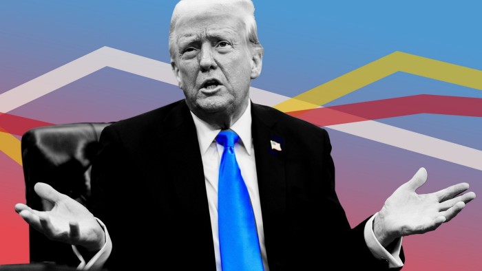 A montage of Donald Trump sitting on a chair with his arms out and chart lines in the background