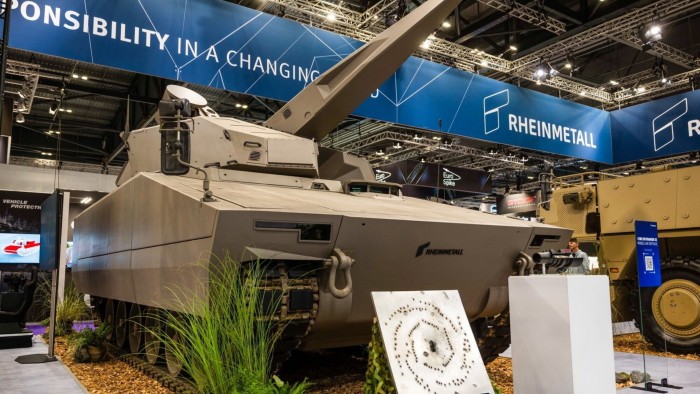 A Lynx KF41 Skyranger 35 air defence system on tracks displayed at the Rheinmetall stand at an exhibition.