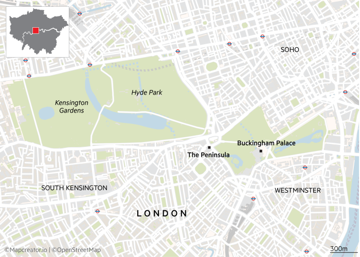 Mappa del centro di Londra che evidenzia il Peninsula Hotel, situato tra Hyde Park e Buckingham Palace.
