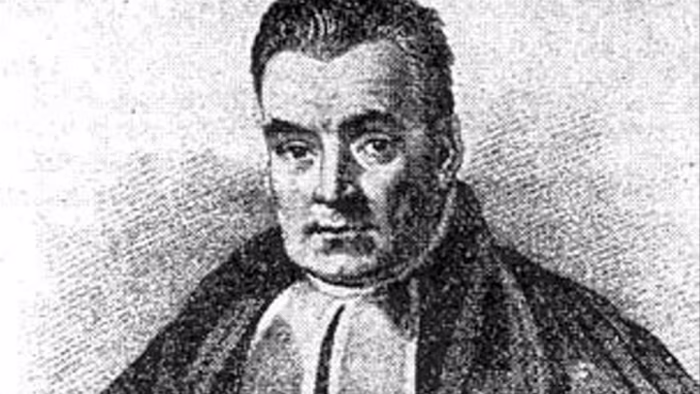 A black and white illustration of Thomas Bayes wearing formal clerical attire, looking directly at the viewer.