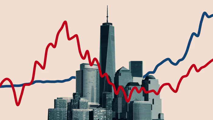 A collage showing New York City skyscrapers with a red and a blue financial line graph intersecting above the skyline.