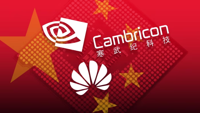 A montage of the logos of Nvidia, Cambricon and Huawei overlaid on a computer chip background with a red overlay and yellow stars from the Chinese flag.