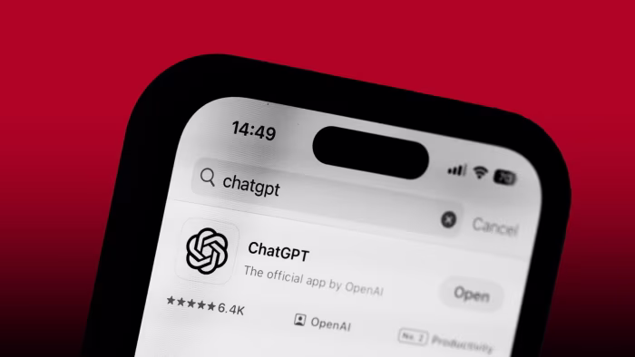 The screen of a smartphone displaying the ChatGPT app by OpenAI in the app store search results.