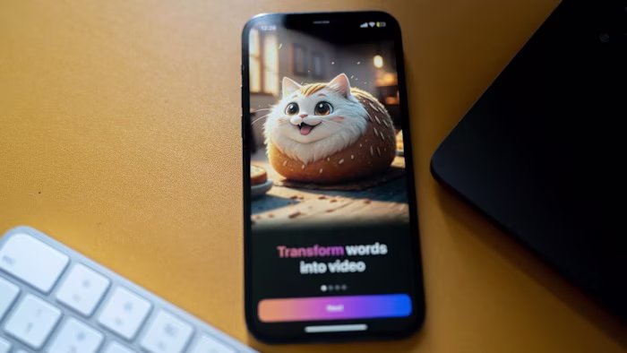 The MiniMax Group Inc. AI app open on a smartphone, displaying an illustrated cat shaped like a bread roll and the phrase "Transform words into video."