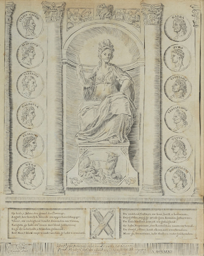 Un ritaglio di carta, che sembra un disegno monocromo a penna e inchiostro, di una dea femminile, personificazione della virtù, in trono in un'abside classica. È fiancheggiata su entrambi i lati da ritratti di personaggi del primo impero romano, che assomigliano alle immagini del profilo delle monete romane.