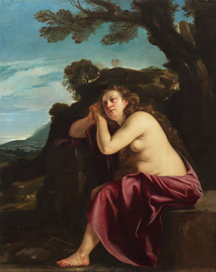 Dipinto olio su rame dell'artista barocca italiana Artemisia Gentileschi. Una donna dai lunghi capelli biondi, nuda tranne che per un mantello viola che le copre la metà inferiore, è accasciata su uno sperone di roccia grigia in un ambiente desolato, con lo sguardo rivolto verso l'alto. 